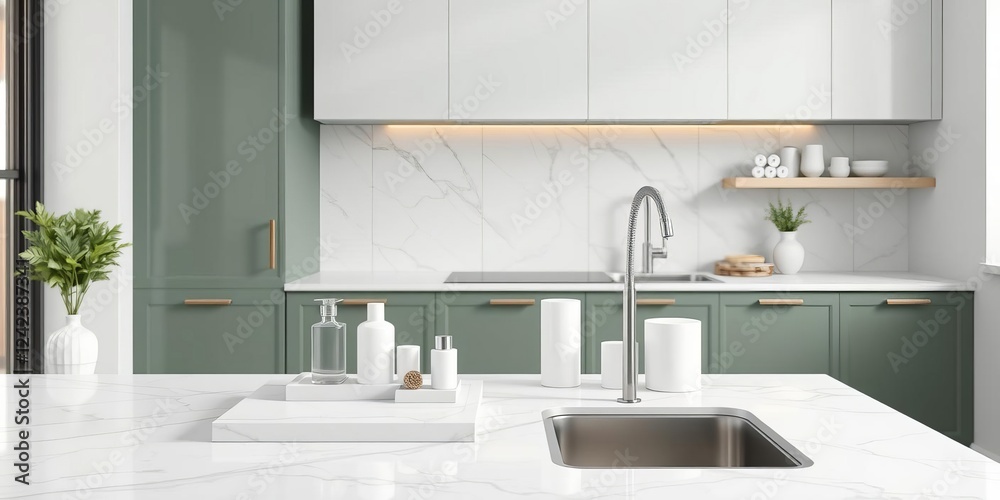 Beautiful dark sage green kitchen room background with white marble tabletop for product display, silver sink details, minimal elegant trendy design, tabletop, product display, trendy Beautiful dark sage green kitchen room background with white marble tabletop for product display, silver sink details, minimal elegant trendy design, tabletop, product display, trendy