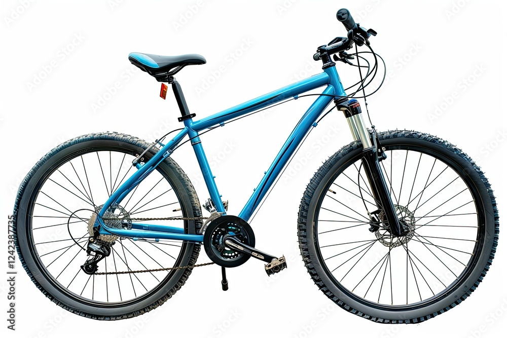 Fototapeta premium A blue mountain bike designed for off-road cycling and outdoor recreation. isolated on white background