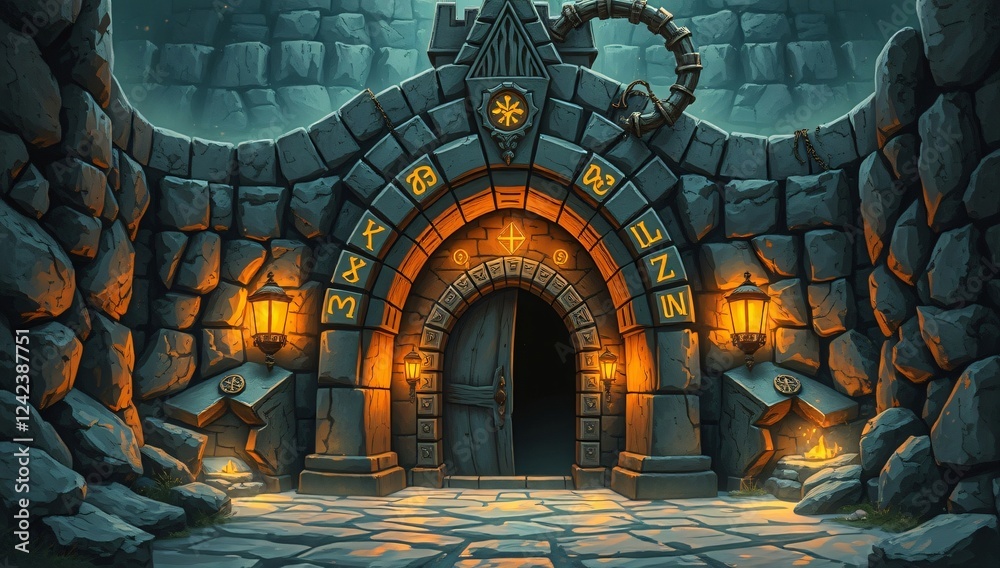 Obraz premium Dwarven Stronghold Entrance with Glowing Runes – A stone doorway, etched with glowing runes, leading to the hidden treasure in an ancient Dwarven fortress