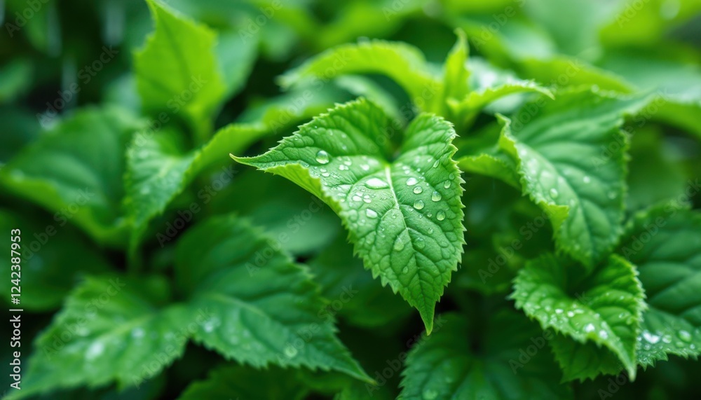 Fresh green leaves with water droplets in a lush garden setting Fresh green leaves with water droplets in a lush garden setting
