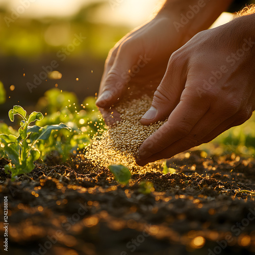 Farmer Sowing Quinoa Seeds at Sunset
