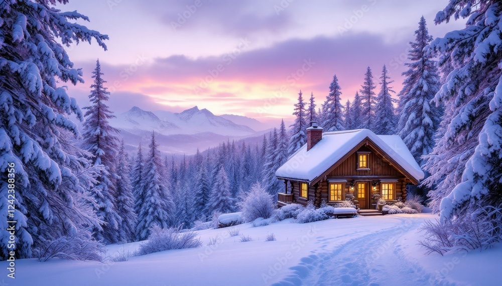 Cozy winter cabin in snowy pine forest at sunset with mountain view Cozy winter cabin in snowy pine forest at sunset with mountain view