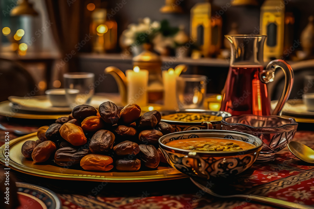 Obraz premium Traditional iftar dishes beautifully arranged on a lavishly decorated table.