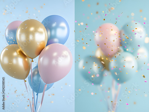 colorful luxurious balloons floating light blue background gold metallic balloon Ribbons confetti festive festival celebration holiday party birthday wedding event celebrate