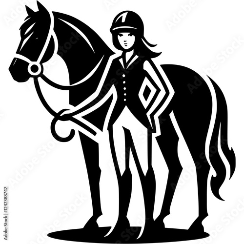 Tattoo emblem of girl jockey in dress uniform next to trained horse before competition in monochrome. Engraving minimalistic vector in black ink drawing on transparent background