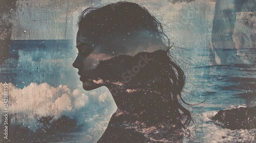 Surreal woman silhouette overlapping ocean waves seaside digital art dreamy artistic expression photo