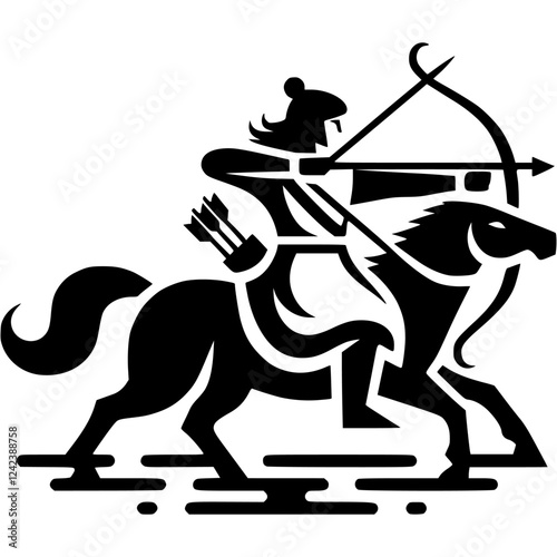 Tattoo emblem of mongolian archer hunting game on horseback in monochrome. Engraving minimalistic vector in black ink drawing on transparent background