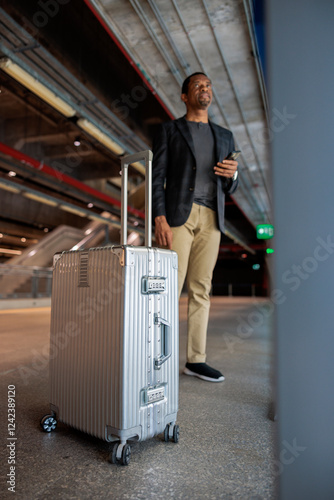 Man standing by luggage at railway station photo