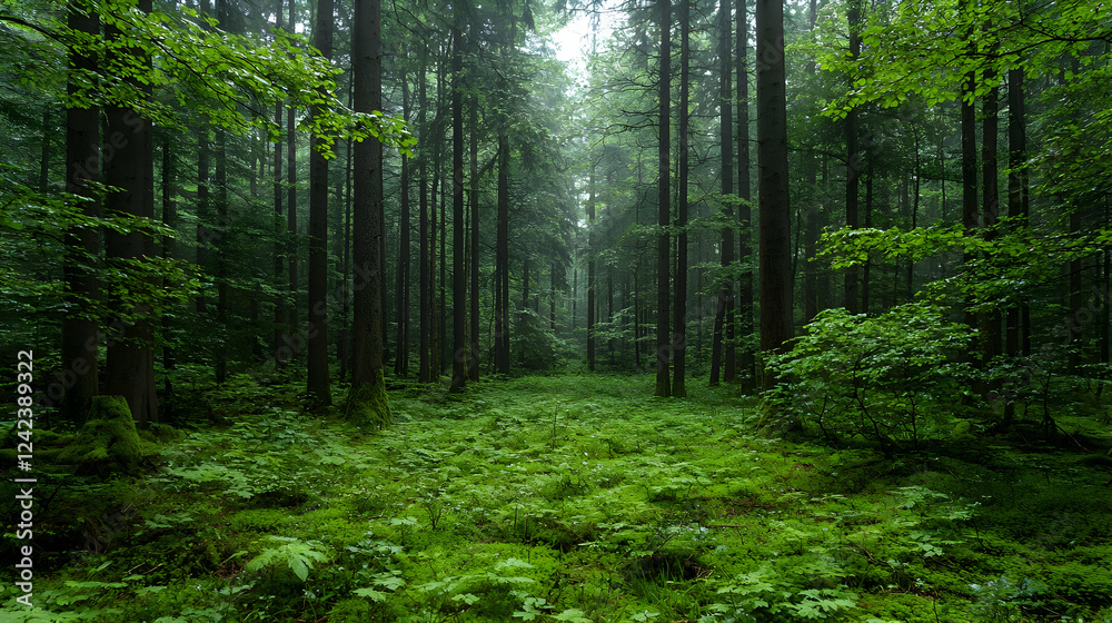 Obraz premium Misty forest path, lush ferns, tranquil nature, background of tall trees, perfect for nature documentaries
