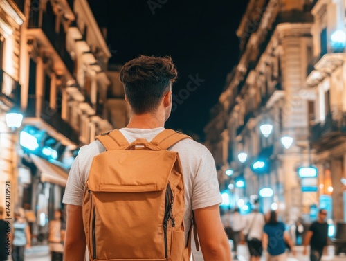 Young man with backpack exploring vibrant city streets at night, illuminated buildings, lively atmosphere, urban adventure, travel experience photo