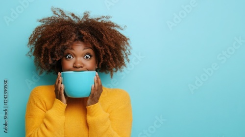 Cheerful young woman with curly hair holding a blue bowl against a vibrant turquoise background in a cozy sweater, expressing joy and surprise photo