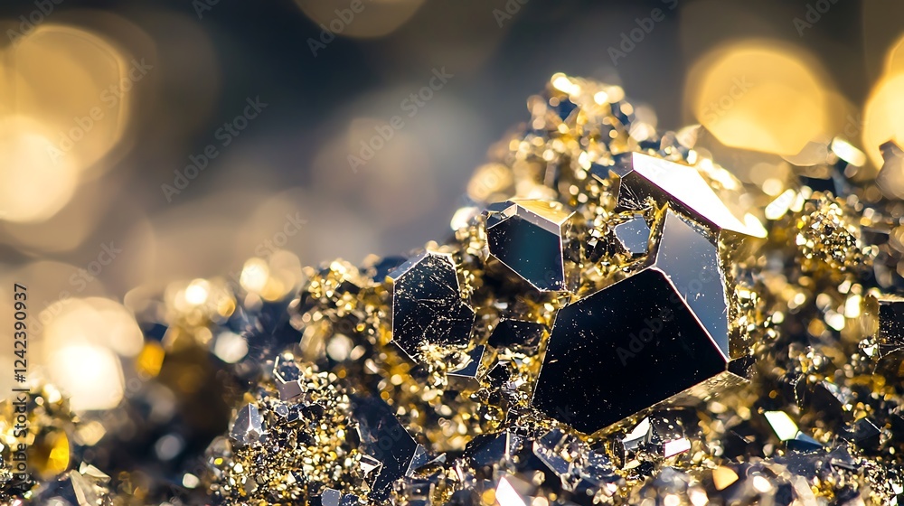 A pile of gold and black rocks with a blurry background A pile of gold and black rocks with a blurry background