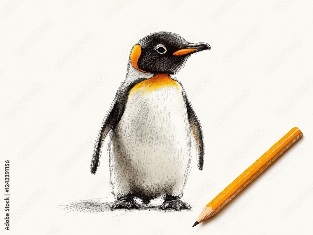 Naklejka premium Intricate pencil drawing of a penguin, study in monochrome artistry detailed