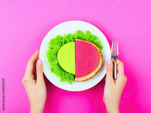 Colorful and Creative Plate with Green and Pink Food Slice on Toast, Surrounded by Fresh Lettuce Against a Bright Pink Background photo