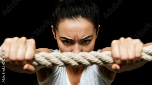 Determined Female Athlete Holding Rope Intensely During Workout in Dark Environment Showcasing Strength and Focus on Fitness Goals photo