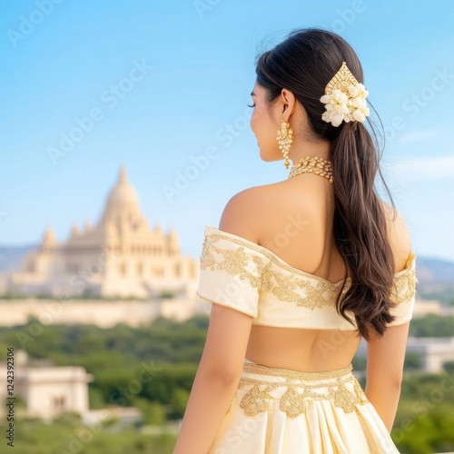 Elegant young woman in traditional attire with intricate embroidery poses gracefully against scenic backdrop of historic architecture and nature. photo