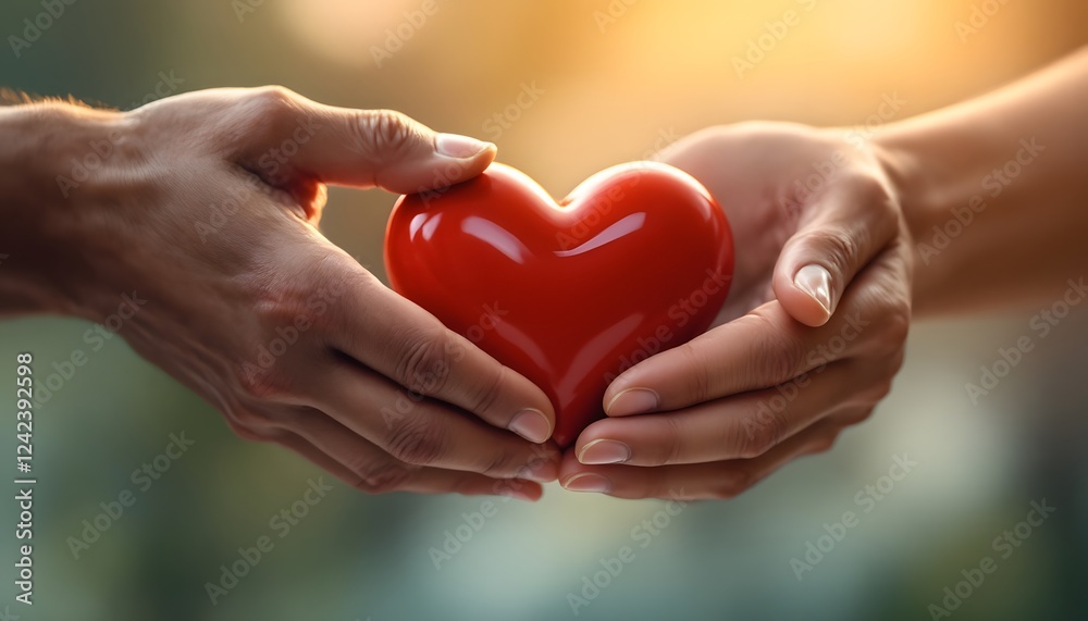 Obraz premium Two hands gently hold a red heart symbol