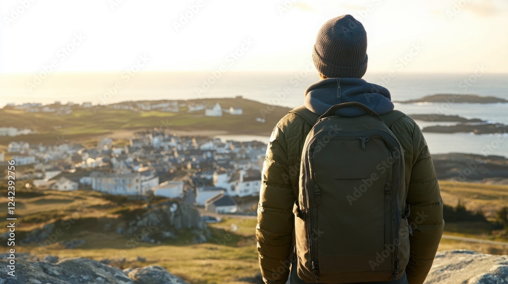 Scenic View of Adventurer Contemplating Nature as Sun Rises Over Coastal Village Surrounded by Green Hills and Calm Water in Morning Light Scenic View of Adventurer Contemplating Nature as Sun Rises Over Coastal Village Surrounded by Green Hills and Calm Water in Morning Light
