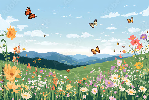 Vibrant Spring Meadow Filled illustration with Wildflowers and Rolling Hills