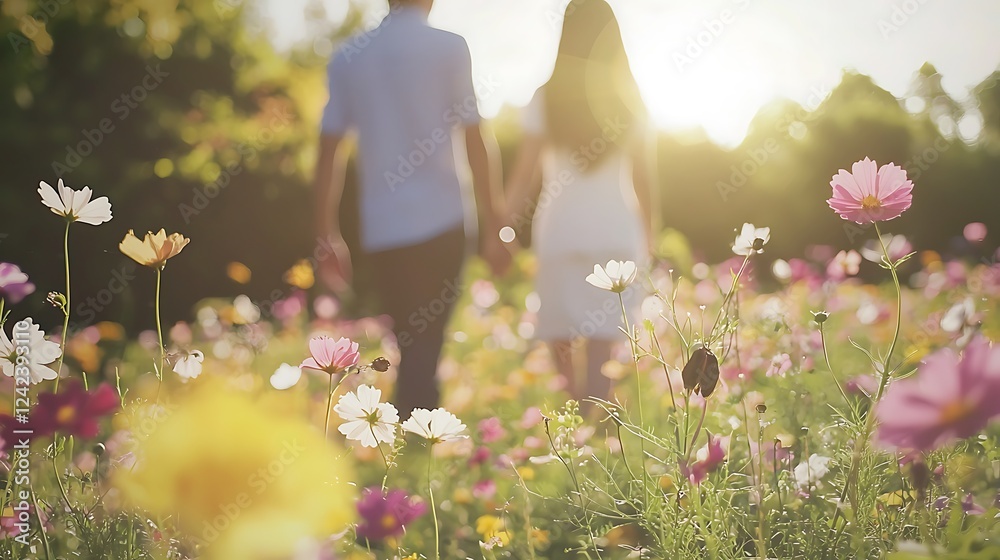 A couple is walking through a field of flowers