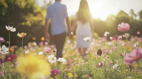 Obraz na płótnie A couple is walking through a field of flowers w salonie