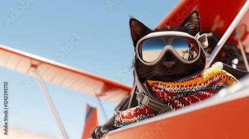 Adventurous Black Cat Pilot in Biplane photo