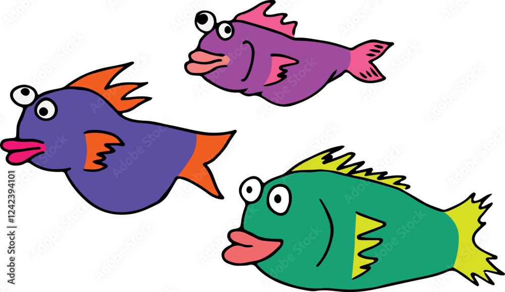 three funny happy colorful fish swim next to each other three funny happy colorful fish swim next to each other