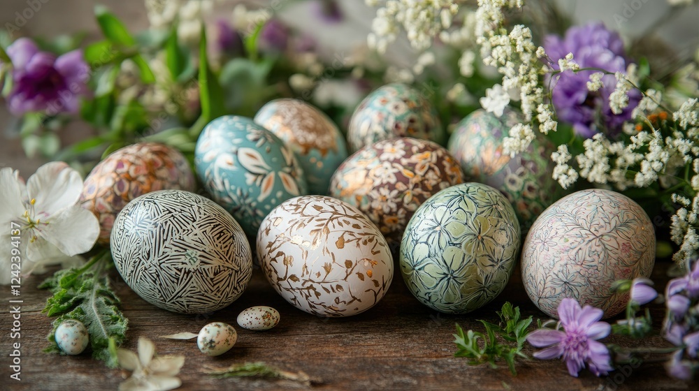 Obraz premium A collection of Easter eggs decorated with intricate designs, arranged carefully on a rustic wooden table.