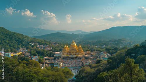 Stunning view of Tirupati Balaji Temple from a height, surrounded by green hills and clear blue sky, shining temple building with its golden dome becomes the center of attention, Ai generated