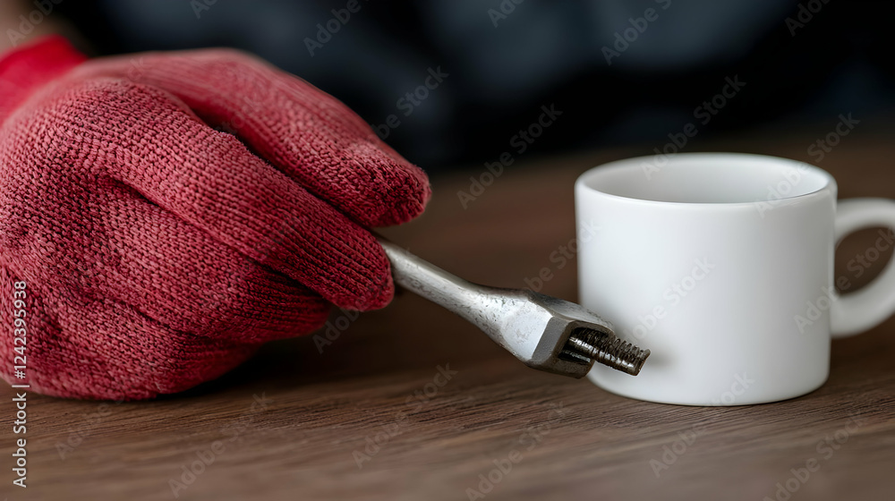 Mechanic's gloved hand holding wrench near coffee cup Mechanic's gloved hand holding wrench near coffee cup