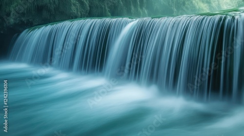 Serene waterfall cascading over mossy rocks, tranquil stream flows, lush greenery background; nature scene