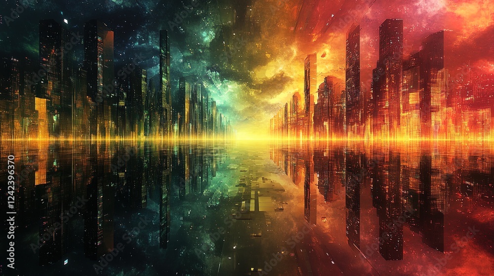 Obraz premium An abstract futuristic cityscape reflected in a glowing mirrored river