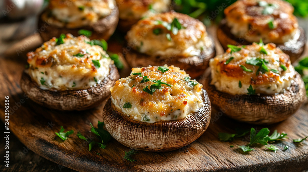 Stuffed mushrooms with a golden breadcrumb topping and fresh parsley garnish, arranged on a rustic wooden platter for a warm gourmet presentation Stuffed mushrooms with a golden breadcrumb topping and fresh parsley garnish, arranged on a rustic wooden platter for a warm gourmet presentation