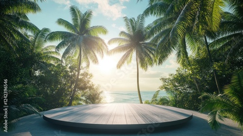 Serene Tropical Paradise: Wooden Platform by Ocean, Palm Trees at Sunset