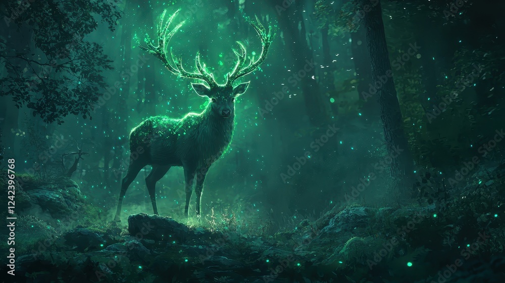 Enchanted Deer with Radiant Emerald Antlers in Fantasy Forest Enchanted Deer with Radiant Emerald Antlers in Fantasy Forest