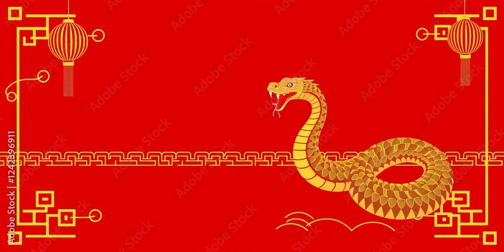 Fototapeta premium Golden snake silhouette on a vibrant red background with Chinese New Year 2025 greeting text, perfect for a vertical banner poster design, snake, background, chinese
