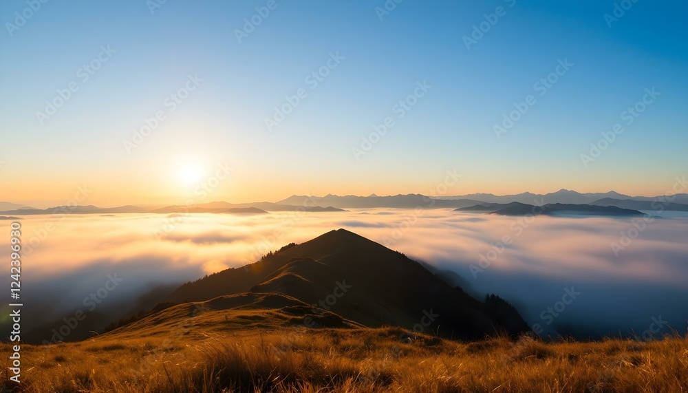 Sunrise over misty mountain range with golden grassy slopes, blue sky, and distant peaks fading into the horizon. Sunrise over misty mountain range with golden grassy slopes, blue sky, and distant peaks fading into the horizon.