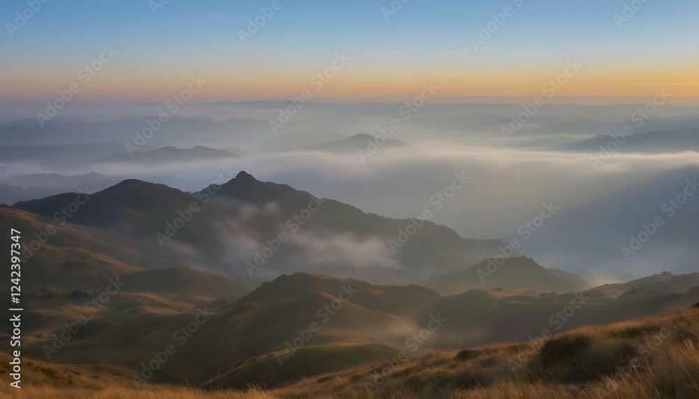 Sunrise over misty mountain range with golden grassy slopes, blue sky, and distant peaks fading into the horizon. Sunrise over misty mountain range with golden grassy slopes, blue sky, and distant peaks fading into the horizon.