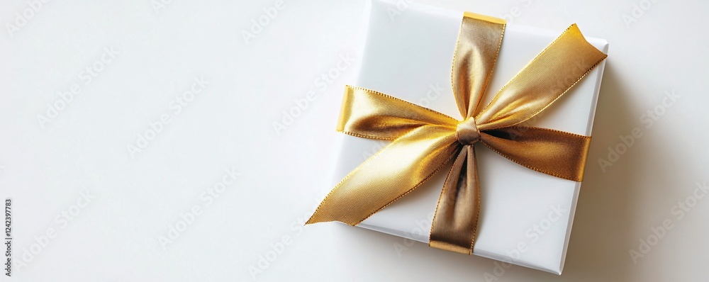 Elegant and celebratory: white gift box adorned with a golden ribbon in a beautiful bow Elegant and celebratory: white gift box adorned with a golden ribbon in a beautiful bow