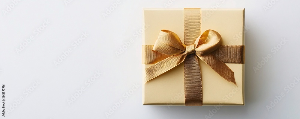 Gold gift box with gold ribbon bow on white background, perfect for birthday, christmas or special event Gold gift box with gold ribbon bow on white background, perfect for birthday, christmas or special event