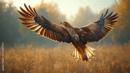 Eagle landing in golden field at sunrise with forest background