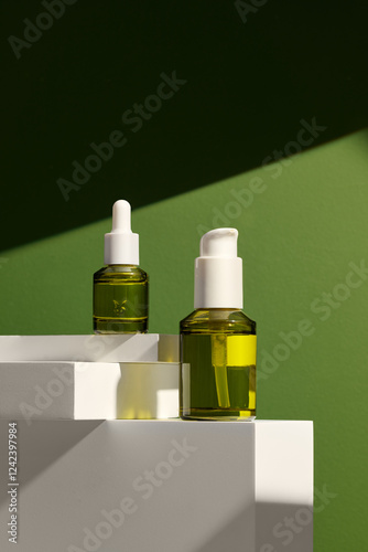 Elegant Display of Skincare Bottles With Green and White photo