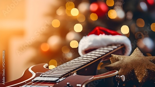 Acoustic guitar with Santa hat Christmas lights Festive holiday music concept Musical instrument photo