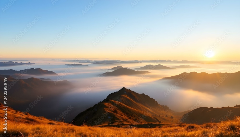 Fototapeta premium Sunrise over misty mountain range with golden grassy slopes, blue sky, and distant peaks fading into the horizon.