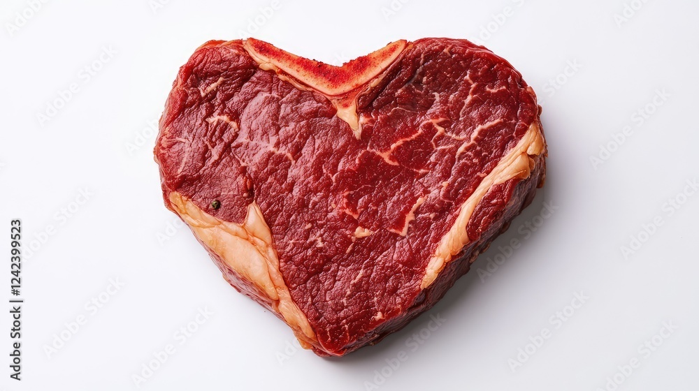Obraz premium Heart-Shaped Raw Beef Cut on White Surface Perfect for Culinary Art and Romantic Dinner Preparation, Showcasing Freshness and Unique Presentation for Meat Lovers