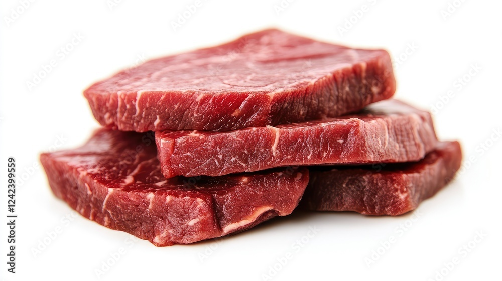 Fresh Raw Beef Cuts Stacked Neatly on White Background Ideal for Culinary and Nutritional Uses, Perfect for Recipes or Meat Dishes in Food Photography Fresh Raw Beef Cuts Stacked Neatly on White Background Ideal for Culinary and Nutritional Uses, Perfect for Recipes or Meat Dishes in Food Photography
