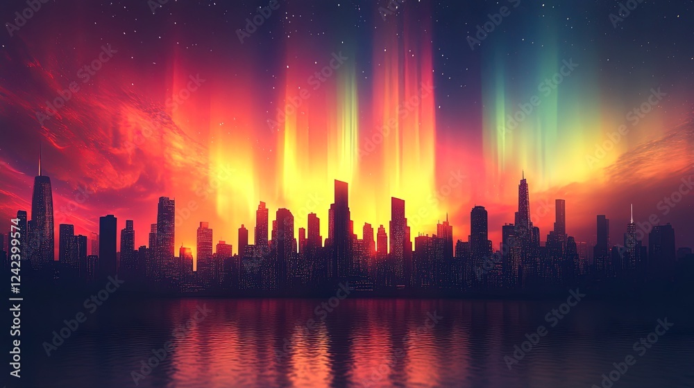 Fototapeta premium A futuristic cityscape silhouette against a radiant, abstract aurora borealis sky