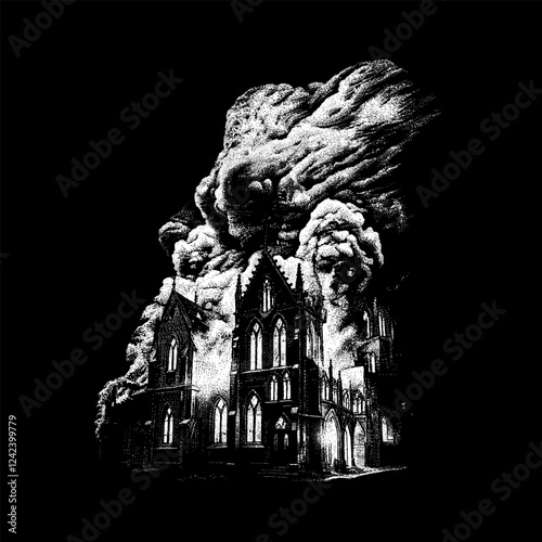 Burning Church hand drawing vector isolated on black background.