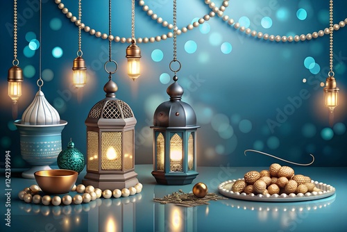 Ornamental Arabic lantern with burning candle glowing at night mosque background. Festive greeting card, invitation for Muslim holy month Ramadan Kareem.
 photo