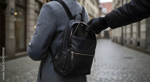 Thief Stealing Phone From Backpack In City Street